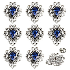 Blue 8Pcs Teardrop Zinc Alloy & Glass Lapel Pin Backs for Clothes, Antique Silver, Blue, 32x27mm