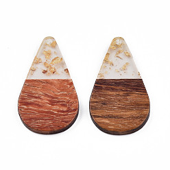 Gold Transparent Resin & Walnut Wood Pendants, with Foil, Teardrop Charm, Gold, 38x22x3mm, Hole: 2mm