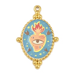 Dark Turquoise Printed 304 Stainless Steel Pendants, Oval with Heart Pattern, PVD Vacuum Plating, Real 18K Gold Plated, Dark Turquoise, 32x20.5x2mm, Hole: 1.8mm