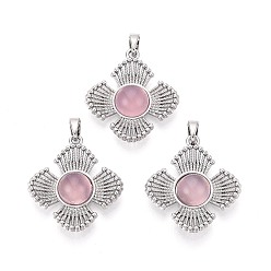 Натуральный Агат Подвески из натурального розового агата (окрашенного и подвергнутого термической обработке)., цветочные подвески с латунной оправой, платина, 25x23x5~6 мм, отверстие : 5x2.5 мм