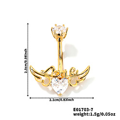 Золотой Сердце с крылом латунные стразы кольца для живота изогнутая штанга, золотые, 25x21 мм