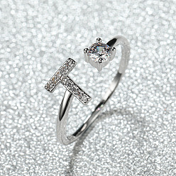 Letter T Манжеты из латуни с микро паве кубический цирконий для женщин, открытые кольца, платина, Письмо T, внутренний диаметр: 16~19 мм