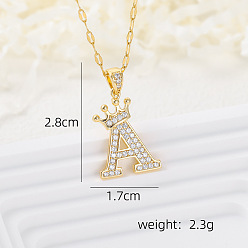 Letter A Латунные микропаве прозрачные кубические цирконии корона инициал кулон ожерелья, реальный 18 k позолоченный, буква a, 15.75 дюйм (40 см)