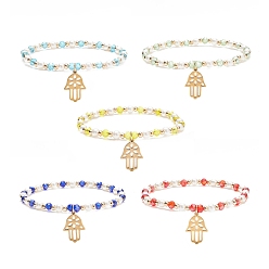 Gemischte Farbe Glasperlen-Stretcharmband mit 304 Hamsa-Handanhänger aus Edelstahl für Damen, Gemischte Farbe, Innendurchmesser: 2-1/8 Zoll (5.4 cm)