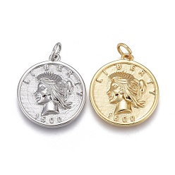 (52) Непрозрачная лаванда Латунные подвески, с прыжковых колец, долговечный, плоские круглые с человека, свобода слова, разноцветные, 20x18x3 мм, отверстие : 3 мм