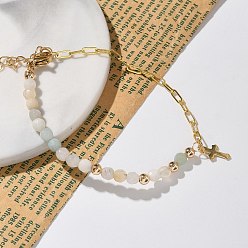 Flower Amazonite Шарм браслеты, с бусинами из натурального цветка амазонита, 304 из нержавеющей стали крест прелести, латунные цепочки для скрепок и круглые бусины, 7-5/8 дюйм (19.3 см)