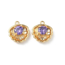 Средний Фиолетовый Подвески в форме ракушки из латуни с микропаве из кубических цирконий, без никеля , реальный 18 k позолоченный, средне фиолетовый, 15x14x5 мм, отверстие : 1.5 мм