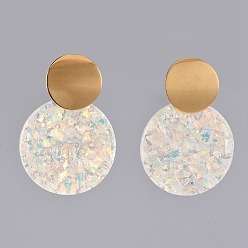 Golden Flat Round Ear Studs, with Paillette Resin,  304 Stainless Steel Stud Earring Findings and Ear Nuts/Earring Back, Golden, Golden, 50mm, Pin: 0.7mm