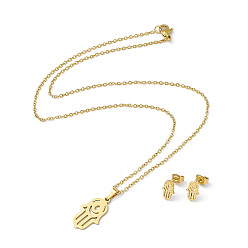 Золотой 304 комплект украшений из нержавеющей стали для женщин, подвесные ожерелья и серьги, рука хамса / рука мириам с глазом, золотые, 17.52 дюйм (44.5 см), 10x6.5 мм, штифты : 0.6 мм