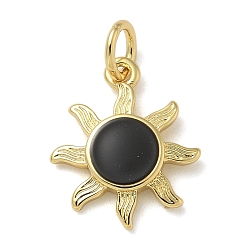 Черный Подвески из латуни с покрытием из эмали, с целью перехода в кольце, долговечный, без свинца и без кадмия, солнечные чары, реальный 18 k позолоченный, чёрные, 14.5x12x2 мм, отверстие : 3 мм