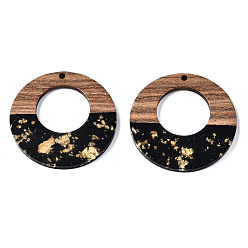 Black Resin & Walnut Wood Pendants, with Gold Foil, Two Tone, Donut, Black, 38x3mm, Hole: 2mm