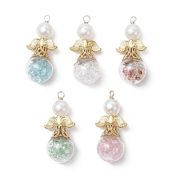 Золотой Подвески из сплава ангела, стеклянной бутылки, меди и АБС-пластика с имитацией жемчуга, золотые, 41x18.5x16 мм, отверстие : 3 мм