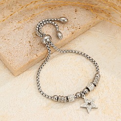 Нержавеющая Сталь Цвет Регулируемые 304 браслеты-слайдеры из нержавеющей стали с кристаллами и стразами, браслеты-цепочки для женщин, звезда, цвет нержавеющей стали, 5.91~11.81 дюйм (15~30 см)