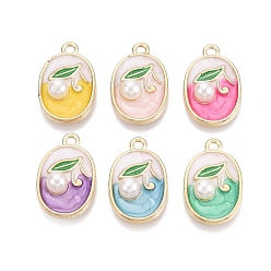 (52) Непрозрачная лаванда Подвески из эмали и сплава, овальные и цветочные подвески, с ABS имитации жемчуга, золотой свет, разноцветные, 21x13.5x5.5 мм, отверстие : 1.8 мм