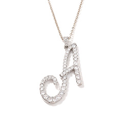 Letter A Элегантные модные латунные ожерелья с подвесками в виде алфавита из микропаве из прозрачных кубических цирконий, серебряный цвет гальваническим, буква a, 15.75 дюйм (40 см)