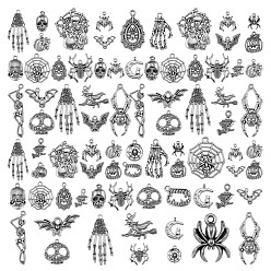 Antique Silver 80Pcs Halloween Tibetan Style Alloy Pendants, Spider & Bat & Spider Web & Skull, Antique Silver, 9~39mmx10~33mm