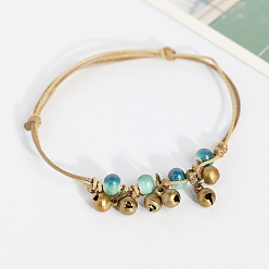 Темный Голубой Браслеты на лодыжку из сплава в виде колокольчика и фарфоровых бусин, регулируемый шнурок, с подвеской., античная бронза, темные голубые, 5-1/8~11 дюйм (130~280 мм)