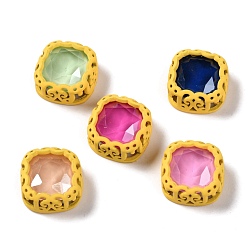 Gold Nähen auf Rhinestone, Mokka-Stil, Glas Strass, mit Messing-Zubehör, Bekleidungszubehör, squre, Gemischte Farbe, Gold, 14.5x14.5x7.5 mm