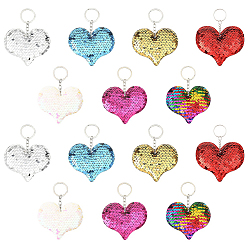 Mixed Color 14Pcs 7 Colors PVC Reflective Sequin Heart Pendant Keychain, with Platinum Plated Iron Findings, for Car Keychain Bag Ornament, Platinum, Mixed Color, 11.5~12cm, 2pcs/color 