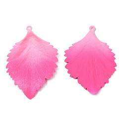 Hot Pink Spray Painted Iron Big Pendants, Leaf, Hot Pink, 63x42x5.5mm, Hole: 1.8mm