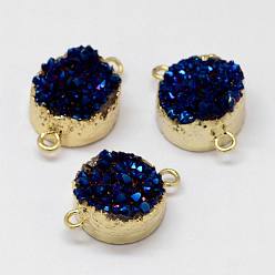 Темно-Синий Гальванические соединители из натурального и окрашенного агата друзы, с латунной фурнитурой золотого цвета, плоско-круглые, темно-синий, 21~22x15x9~11 мм, отверстие : 2 мм
