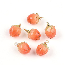 Коралловый Подвески-цветы ручной работы из эпоксидной смолы, с латунными скобами и стеклянными микрошариками, бутон, золотые, коралл, 14~15x9~10x9~10 мм, отверстие : 1.2 мм