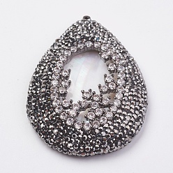 Черный Цвет Металла Оболочки большие кулоны, со стразами, с полимерной глины горный хрусталь и выводы из латуни, слеза, металлический черный , 56x38x8 мм, отверстие : 1.4 мм