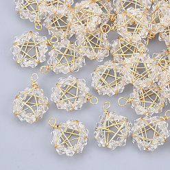 Clear Glass Pendants, Wire Wrapped Pendants, with Real 18K Gold Plated Brass Wires, Nickel Free, Star, Clear, 15.5x13x6mm, Hole: 1.6mm