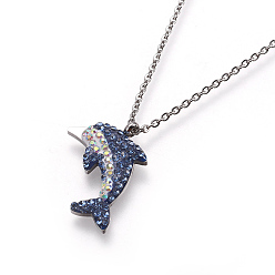 Couleur Acier Inoxydable 304 inoxydable pendentifs en acier émaillé, avec strass et chaînes de câbles, dauphin, couleur inox, 17.9 pouce (45.4 cm), pendentif: 22x16.5x3 mm