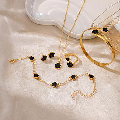 Черный Сплав наборы Ювелирные эмали, в том числе ожерелья, Браслеты, Кольца, браслеты и кольца, цветок, золотые, чёрные, 500 мм