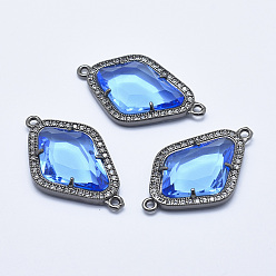 Cornflower Blue Brass Micro Pave Cubic Zirconia Links, with Glass, Faceted, Rhombus, Gunmetal, Cornflower Blue, 33x20x5mm, Hole: 1.6mm