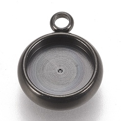 Electrophoresis Black 304 Stainless Steel Pendant Cabochon Settings, Lace Edge Bezel Cups, Flat Round, Electrophoresis Black, Tray: 8mm, 13x10.5x3mm, Hole: 1.8mm