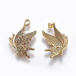 Золотой Латунные микро проложить кубического циркония подвески, бабочка, красочный, золотые, 30.5x22x3 мм, отверстие : 4x5 мм