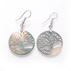 Shell Abalone Shell/Paua Shell Dangle Earrings, with Brass Earring Hooks, Flat Round with Tree of Life, 48.5mm, Pin: 0.6mm