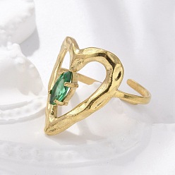 Настоящее золото 18K 304 из нержавеющей стали Манжета кольца для женщин, сердце, с кубического циркония, реальный 18 k позолоченный, 19 мм, внутренний диаметр: 17.5 мм