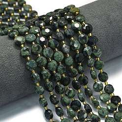 Яшма Камбаба Нити бусин из натуральной зеленой яшмы камбаба, граненый пятиугольный разрез, плоско-круглые, с бисером, 8~8.5x5 мм, отверстие : 0.8 мм, около 36 шт / нитка, 15.16''~15.24'' (38.5~38.7 см)