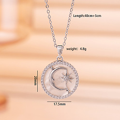 Луна Подвеска из латуни с микропаве из прозрачных кубических цирконий и натуральным белым перламутровым камнем 304 цепочка из нержавеющей стали для женщин, цвет нержавеющей стали, луна, 15.75 дюйм (40 см), Кулон : 20x17.5 мм