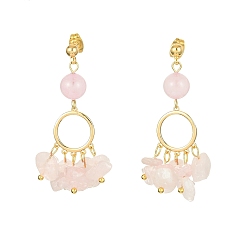 Розовый Кварц Серьги-люстры с золотым латунным кольцом, серьги-подвески из натуральной крошки розового кварца, 46~48 мм