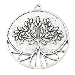 Antique Silver Tibetan Style Alloy Big Pendants, Flat Round with Tree of Life Charms, Antique Silver, 53x48x2mm, Hole: 3mm
