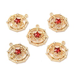 Красный Граненые подвески стекла, с легкими позолоченными сплавами, плоские круглые со звездой, красные, 29.5x26x5 мм, отверстие : 1.6 мм