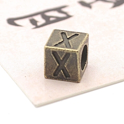 Letter X Европейские бусины из антикварного бронзового сплава, бусины с большим отверстием, куб с письмом, Письмо X, 7x7x7 мм, отверстие : 5 мм