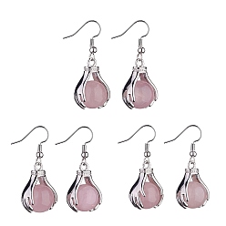 Rose Quartz Natural Rose Quartz Palm Dangle Earrings, Platinum Brass Jewelry for Women, 38.5mm, Pin: 0.6mm