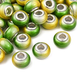 Зеленый Двухцветные непрозрачные европейские бусины-рондель из смолы, с двойных ядер серебрянного цвета, бусины с большим отверстием, зелёные, 14x8.5 мм, отверстие : 5 мм