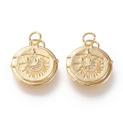 Золотой Латунные микропаве прозрачные подвески с фианитом, долговечный, плоский круглый с луной со звездой, золотые, 19.5x17.5x2.3 мм, переходное кольцо: 5x0.8 мм, 3.5 мм внутренний диаметр