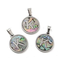 Letter K 304 нержавеющая сталь с подвесками из ракушек пауа, цвет нержавеющей стали, плоский круглый с подвеской в виде буквы, letter.k, 18x16x1.5 мм, отверстие : 3x6 мм