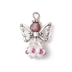 Темно-Красный Граненые подвески стекла, ангельское очарование, с крылом из античного серебряного сплава и платиновой железной петлей, стеклянными бусинами и стеклянными жемчужными бусинами, темно-красный, 26x18x11 мм, отверстие : 2 мм