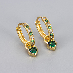 Green Brass Micro Pave Cubic Zirconia Hoop Dangle Earrings, Heart, Golden, Green, 15.5mm