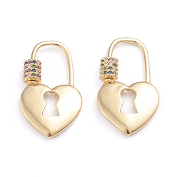 Разноцветный Латунные микропаве, кубический цирконий, винт, карабин, подвески с замком, для изготовления ожерелий, быстрые ссылки, сердце замок, реальный 18 k позолоченный, красочный, 28x16.5x2 мм, Винт: 5.5x5 мм