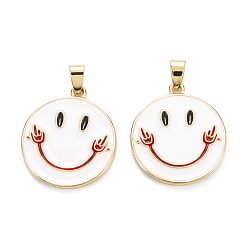 White Brass Enamel Pendants, Real 18K Gold Plated, Long-Lasting Plated, Flat Round with Smiling Face, White, 27x24.5x2.5mm, Hole: 5x3.5mm