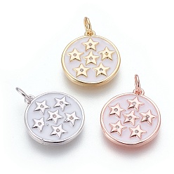(52) Непрозрачная лаванда Латунь эмаль подвески, с кубического циркония, плоские круглые со звездой, белые, разноцветные, 17x15x2 мм, отверстие : 3.5 мм